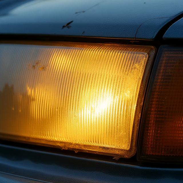 A foggy, yellowed car headlight.