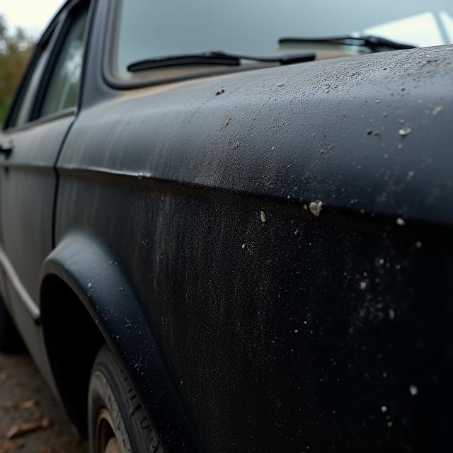A dirty black car with visible swirl marks on the paint.